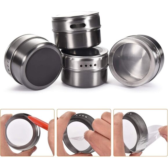 12 Magnetic Spice Jars Silver Steel w/ Sift Pour Lids + 120 Labels Organizer - Picture 5 of 6
